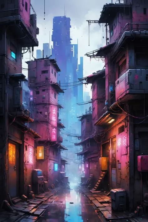 <lora:Retro_Illustration:1> 2d game scene, oil and watercolor painting, scenery, cyberpunk slums, (masterpiece:1.2), best quality