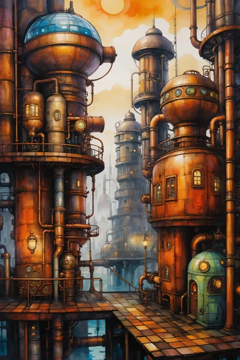 <lora:Retro_Illustration:1> 2d game scene, oil and watercolor painting, steampunk city in the style of hundertwasser, (masterpiece:1.2), best quality