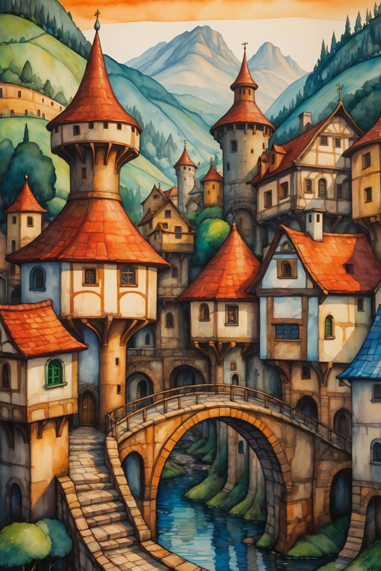 <lora:Retro_Illustration:1> 2d game scene, oil and watercolor painting, mediaeval town in the style of hundertwasser, mountain, bridges, (masterpiece:1.2), best quality