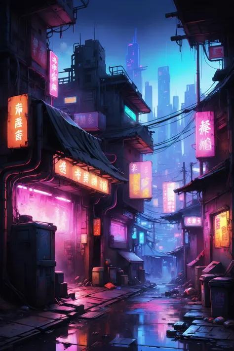 <lora:Retro_Illustration:1> 2d game scene, oil and watercolor painting, scenery, cyberpunk slums, neon lights, garbage, (masterpiece:1.2), best quality
