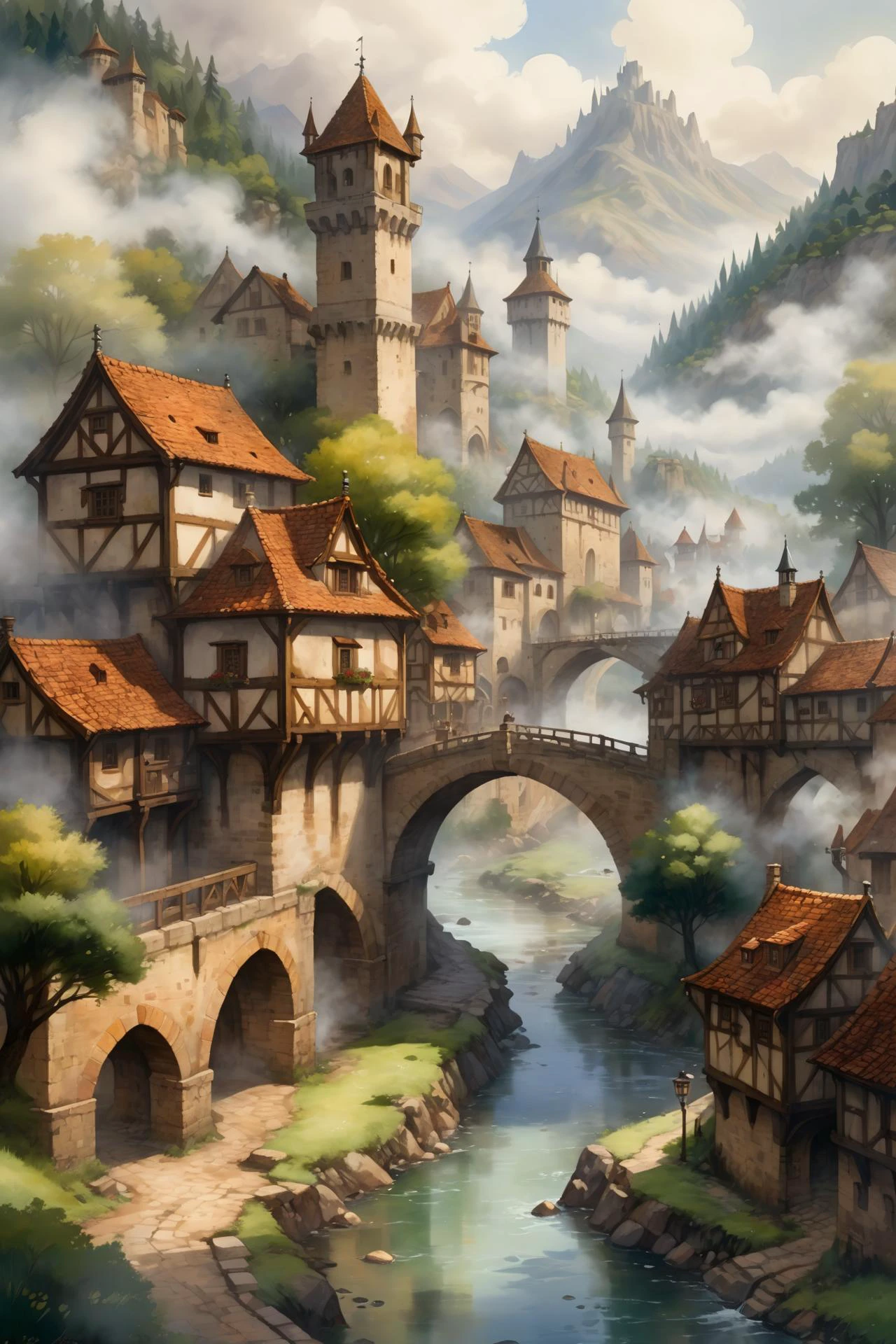 <lora:Retro_Illustration:1> 2d game scene, oil and watercolor painting, scenery, mediaeval town, river, bridges, steam, fog, mountain, tree, forest, (masterpiece:1.2), best quality