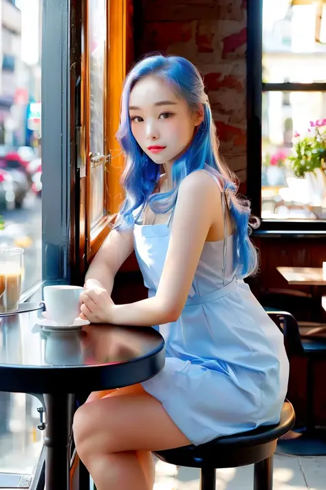 photo of leegahyeon korean woman in cafe sitting at table holding coffee window sunlight, blue hair, dynamic pose, skin texture, pale skin, shiny skin, (slim, petite:1.2), [:(sharp focus on face, detailed face, perfect eyes, looking at viewer:1.2):0.2], photorealistic, film grain, best quality, masterpiece <lora:gahyeonOTW_v1:1>