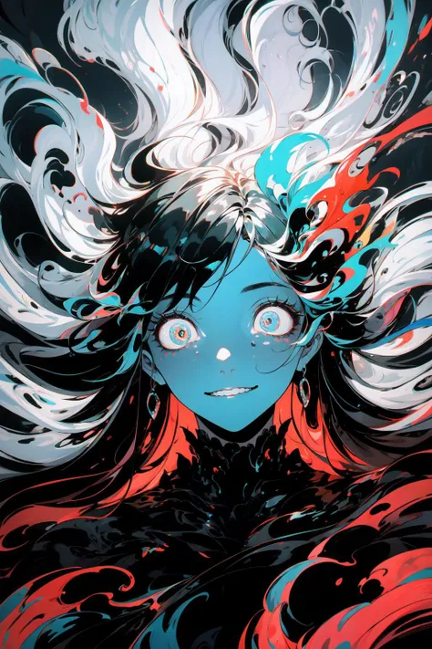 (abstract art,:1.3),1girl,
silver theme,black theme,white theme,blue theme,long hair ultra high res, masterpiece, best quality, <lora:Breakcore:0.8> spiral pupils