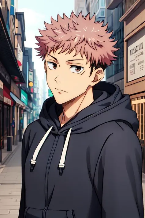 yuji1 a man, hoodie, looking at the viewer, upper body photo, at the streets, <lora:httpyuji1:1:lbw=FACES>