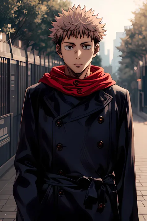 yuji1 a man, depth of field, adult, (upper body:1.2), looking at the viewer, black robe, red scarf, at the streets, trees, <lora:httpyuji1:1:lbw=FACES>