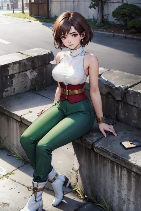 (masterpiece, top quality, best quality, official art, beautiful and aesthetic:1.2), (1girl:1.3), (fractal art:1.3), solo,
short hair, breasts, pants, sleeveless,brown hair, sleeveless, closed mouth, bare shoulders, white turtleneck,toned,
green pants, white footwear,boots,
outdoors, sunlight,
simple background, looking at viewer, <lora:Annie:0.8>