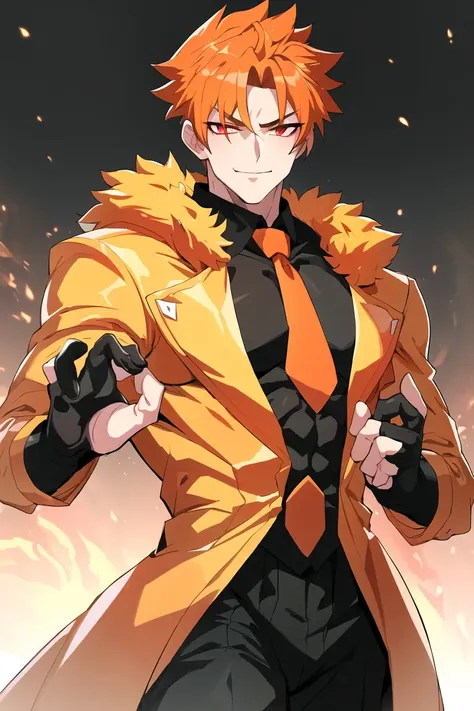 (best quality, masterpiece1.2), detailed,1boy, solo,looking at viewer,simple background, Over-the-shoulder shot,
dynamic pose,smile ,detailed eyes , cowboy shot, red eyes, dark hair , buzz cut, office man, mature male, necktie, muscular male, masculine face1:1, grabbing colar
<lora:drunkoakStyle-24:1.0>, glowing orange hair ,flame particles , orange fur coat,