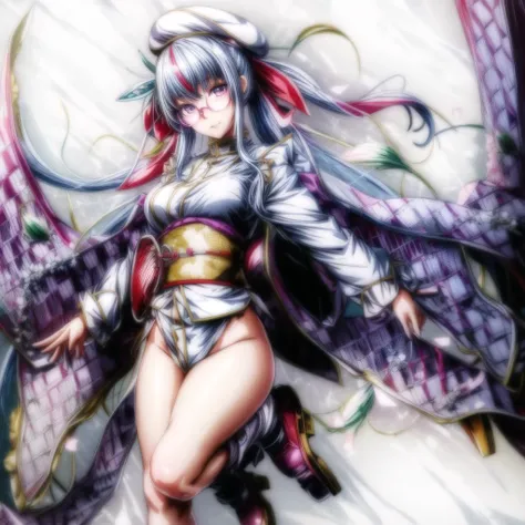 <lora:more_details:1>, <lora:Olminu:0.55>,(((kimono))),1girl,white hair, twintails, Oliminu,solo,long hair, glasses, purple eyes,ribbon, blue hair, beret, hair ribbon,full body,