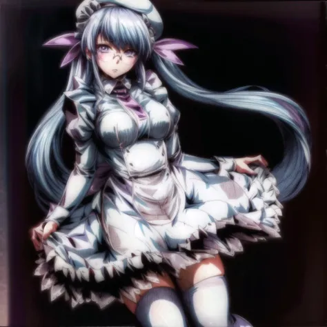 <lora:more_details:1>, <lora:Olminu:0.55>,(((maid dress ))),1girl,white hair, twintails, Oliminu,solo,long hair, glasses, purple eyes,ribbon, blue hair, beret, hair ribbon,full body,