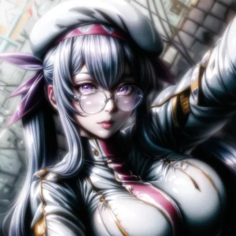 <lora:more_details:1>, <lora:Olminu:0.55>,(((selfie,holding phone, ))),1girl,white hair, twintails, Oliminu,solo,long hair, glasses, purple eyes,ribbon, blue hair, beret, hair ribbon,full body,