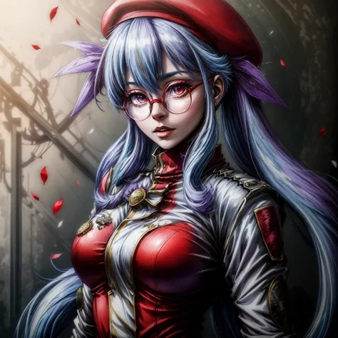<lora:more_details:1>, <lora:Olminu:0.6>,(((long red dress ))),1girl,white hair, twintails, Oliminu,solo,long hair, glasses, purple eyes,ribbon, blue hair, beret, hair ribbon,full body,