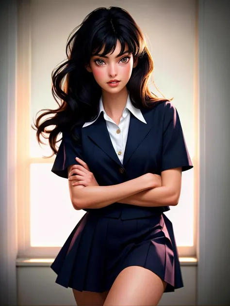 Realistic photo of a beautiful l1nd43 woman, 1girl,solo,long hair,skirt,shirt,black hair,school uniform,serafuku,lips,border,crossed arms,realistic,soft lighting, professional Photography, Photorealistic, detailed, RAW, analog, sharp focus, 8k, HD, high quality, masterpiece<lora:l1nd43:1.0>