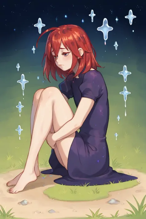 score_9, score_8_up, score_7_up, BREAK 1girl, solo <lora:Hoseki_HousekiNoKuni_Cinnabar_PDXL_v1:1> hskcnbr, white skin, colored eyelashes, crystal hair, medium hair, mercury (element), liquid, stage, withered flowers, brown grass, grass field, purple dress, sitting, arms around legs, sad