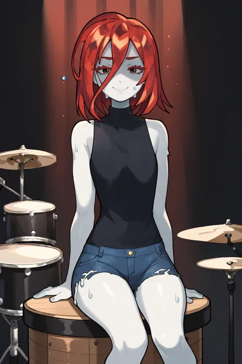 score_9, score_8_up, 1girl, solo <lora:Hoseki_HousekiNoKuni_Cinnabar_PDXL_v1:1> hskcnbr, white skin, colored eyelashes, crystal hair, medium hair, mercury (element), liquid, stage, high contrast, shaded face, sitting, drums, drum set, playing drums, sweat, black t-shirt, sleeveless, denim shorts, drum sticks, happy, indoors, smile, serious face