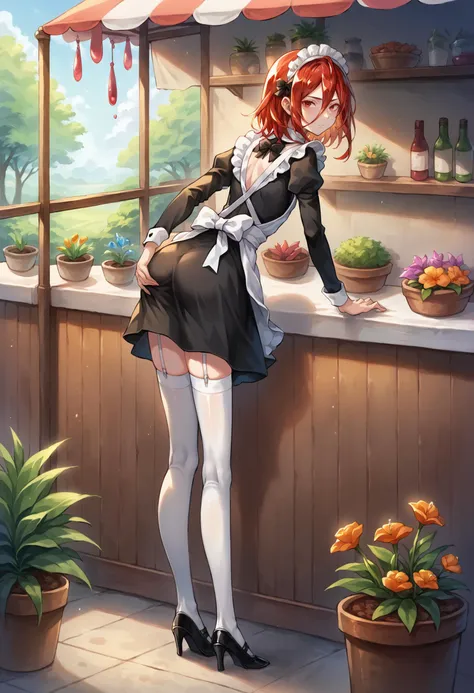 score_9, score_8_up, score_7_up, source_anime, 1girl, solo, looking at viewer, hskcnbr, white skin, crystal hair, medium hair, flat chest, mercury (element), liquid, maid, maid headdress, maid apron, long sleeves, flower shop, outdoors, storefront, flower pot, potted plant, shelf, tulip, orange flower, leaning forward, from behind, looking back, full body, white thighhighs, black footwear, high heels, back bow, awning, hand on own ass, grabbing own ass, ass grab, garter straps, colored eyelashes, serious, closed mouth