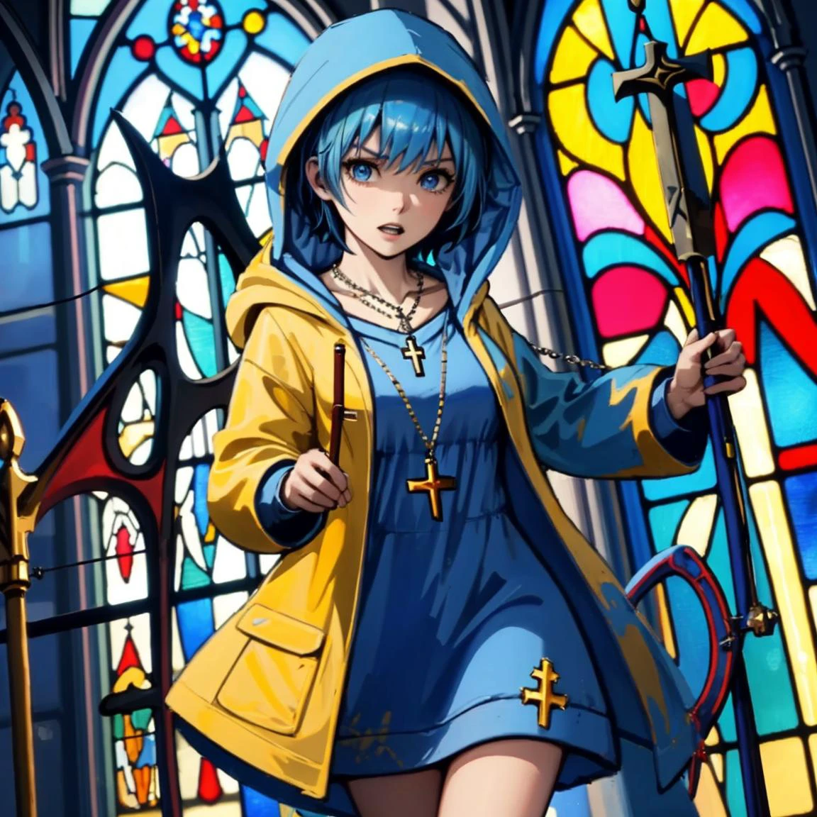 <lora:luce-02:0.6>, luce, a photo of a woman, 1girl, solo, ((detailed face, masterpiece, best quality, high resolution):1.2),((blue hair, short hair, hood, yellow raincoat, red dress, walking stick, cross necklace)), (pale skin), ((fighting demons, monsters, in a church, cathedral, stained glass, angry, teeth))