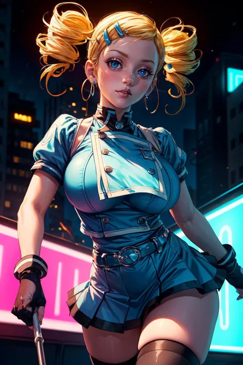 (ultra realistic,32k, masterpiece:1.2),(high detailed skin:1.1),( high quality:1.1),
<lora:PPGZ-Rolling_Bubbles:0.8>ppgzbb,pout blue eyes, blonde hair,twin tails, (twin drills:1.2), hairclip, earrings, dress, jacket, blurry background,,fighting pose, huge breast,large breast,<lora:add_detail:0.88>,
(ambient lighting:1.1),