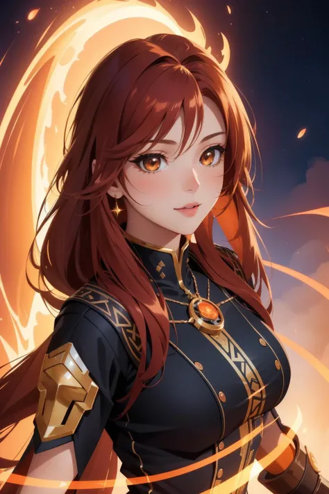 1girl, elegant Unity Engine, (deep orange theme:0.7) , Portrait of a Unreal Realistic midweight [Sudanese:Viking:17] (Female Major:1.3) , with flowing lava, red, bloom, her hair is Upside down and styled as Sideswept bangs, Voluminous hair, background is Anxious Water treatment plant, dense vegetation with Pear, Smoky Conditions, Very wide view, (designed by Melvin Sokolsky:0.8) , (Jeffrey Smith:0.7) , (Kelly Sue Deconnick:0.9) , Sketched, Happy, Hyperpop, Light caustics, F/1.8, triadic colors, intricate details, hearthstone artwork, matte skin, skin pores, Best quality, 4K, flowing lines, cartoon, feminine