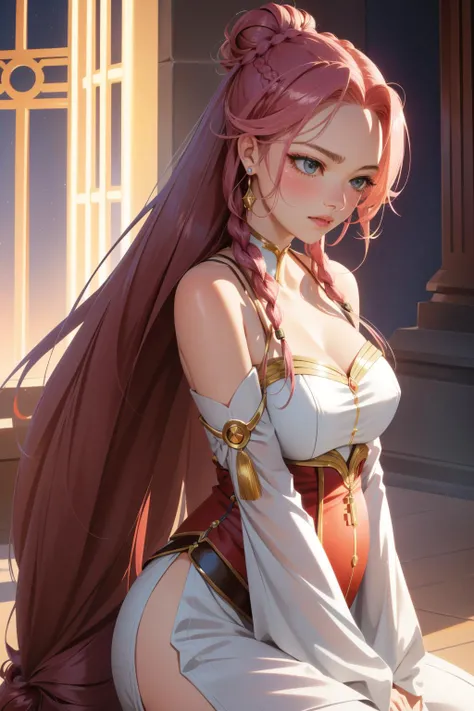 A girl wears a bell on her head,Hair combed into a ponytail with a gradient of white to purple,Double up braid,Pair it with a red butterfly hair ornament and a white headband。The painting style presents the effect of cubism and pointillism,Full of anime-style feeling。The contrast between light and dark is prominent,The lighting effects are cinematic,Glowing light,Ray tracing and backlighting create the effect of a chest map。The graphics are dominated by mobile charts and a first-person perspective,Shot with Sony FE GM camera,Render Ultra HD in 16K resolution,The skin texture is highly detailed,Deliver the best quality images。