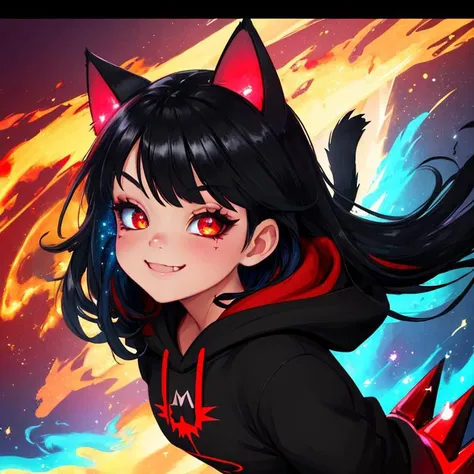(absurdres, highres:1.3), solo, explicit, pop surrealism, (mystical:1.1), Behance,(cuteness overload:1.5) beautiful detailed glow, {beautiful detailed face}, {ultra detailed eyes}, extremely detailed, ((cute, innocent)) cat girl, made of glittering blue fire, fire streaks, floating glitter, glowing eyes, (black hair, red highlights, red eyeliner, fang, smiling,) glitter, black and red hoodie, stylized starburst, glowing light, red eyes, raytraced light, 4k, 8k, flcl style