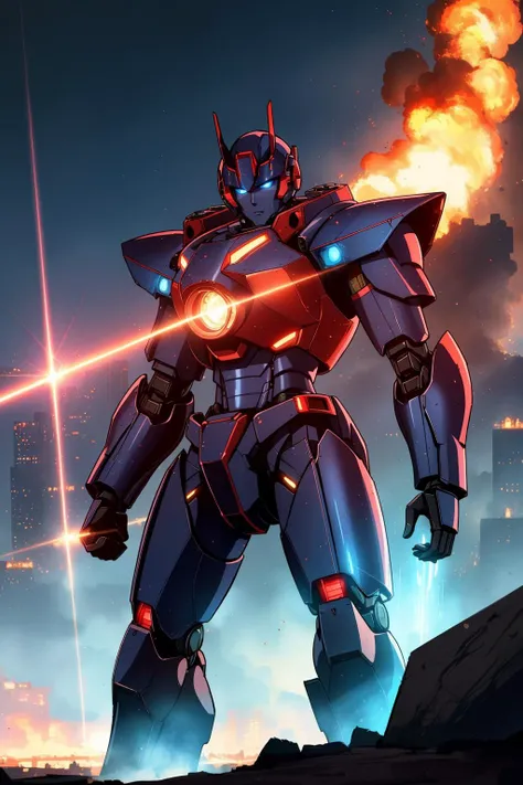 fcHeatPortrait, masterpiece, best quality, mecha, no humans, black armor, blue eyes, science fiction, fire, laser canon beam, war, conflict, destroyed city background