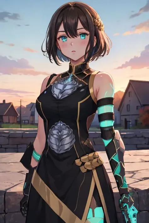 masterpiece, best quality, <lora:aprilis-nvwls-v1-000010:0.9> aprilis, aqua eyes, armor, bare shoulders, black shirt, black dress, single mechanical arm, blush, looking at viewer, village, autumn, sunset, :o, upper body