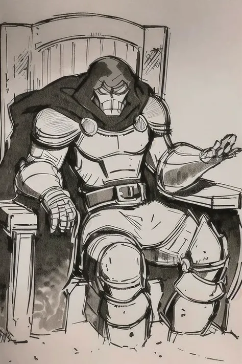 (masterpiece),
Dr doom ((seating on a throne)),
black hair, short hair, floating hair,
looking at viewer,
crossed arms, proud mood,
(Pencil_Sketch:1.2, messy lines, greyscale, traditional media, sketch), unfinished, hatching (texture), mask, hood, cape, belt, armor, cloak, gauntlets