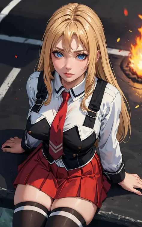 ((masterpiece, best quality)), insaneres, absurdres, solo, outdoors,
CLOTHING_BibleBlack_SchoolDress_ownwaifu,
1girl, blonde hair, long hair, blue eyes,
black vest, red skirt, white shirt, collared shirt, suspenders, school uniform, black thighhighs, zettai ryouiki, necktie, long sleeves, pleated skirt, red necktie,
(from above, sitting)<lora:CLOTHING_BibleBlack_SchoolDress_ownwaifu:0.9>,
lens flare, depth of field, bokeh, embers, vanishing point, looking at viewer,