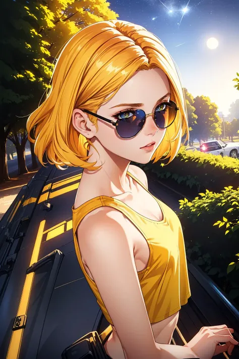 from_above, crop top, detailed face, yellow bodycon tank top, hair, park, sky, trees, pale skin, moonlight, stars, 1girl, statement sunglasses, woman,petite, vivid colors, bokeh background, subject for emphasis,dramatic colors,
