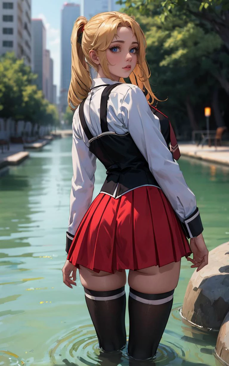 ((masterpiece, best quality)), insaneres, absurdres, solo, outdoors,
CLOTHING_BibleBlack_SchoolDress_ownwaifu,
1girl, blonde hair, long hair, blue eyes,
black vest, red skirt, white shirt, collared shirt, suspenders, school uniform, black thighhighs, zettai ryouiki, necktie, long sleeves, pleated skirt, red necktie,
(wading, looking back), water,<lora:CLOTHING_BibleBlack_SchoolDress_ownwaifu:0.75>,
lens flare, depth of field, bokeh, embers, vanishing point, looking at viewer,