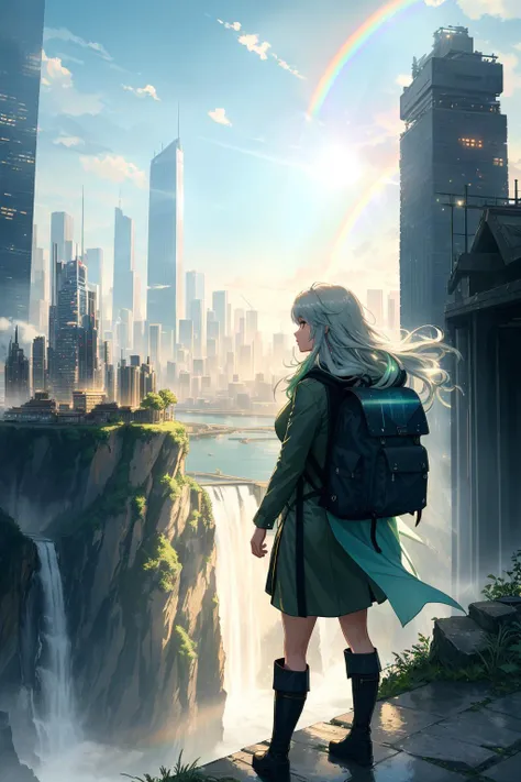 fcDetailPortrait, cityscape, city, cloud, scenery, skyscraper, building, cloudy sky, sky, long hair, from behind, outdoors, bird, ruins, 1girl, sunlight, tower, facing away, city lights, green hair, water, sunbeam, light rays, bridge, post-apocalypse, tree, backpack, very long hair, lens flare, knee boots, mountain, river, waterfall, white hair, solo, weapon, skyline, rainbow, neon trim