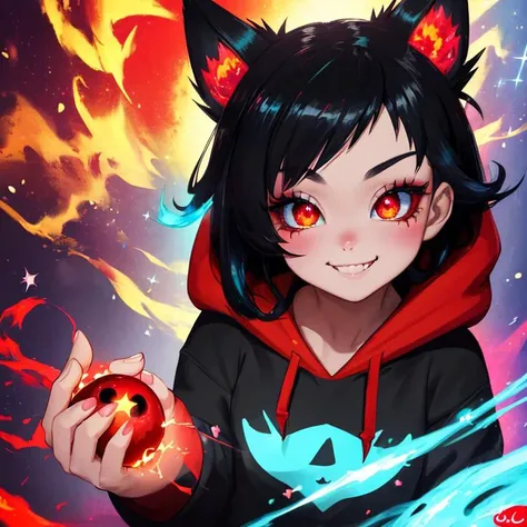 (absurdres, highres:1.3), solo, explicit, pop surrealism, (mystical:1.1), Behance,(cuteness overload:1.5) beautiful detailed glow, {beautiful detailed face}, {ultra detailed eyes}, extremely detailed, ((cute, innocent)) cat girl, ear fluff, made of glittering blue fire, fire streaks, floating flaming hearts, glowing eyes, (black hair, red highlights, red eyeliner, fang, smiling,) glitter, black and red hoodie, stylized starburst, glowing light, red eyes, raytraced light, 4k, 8k, flcl style