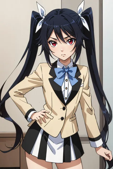 (masterpiece, best quality), intricate details,
1girl, <lora:tsube_aika_ver1.0_2:0.8> tsube_aika, long hair, black hair, red eyes, flat chest, twintails, school uniform, beige blazer, miniskirt, black skirt, high waist skirt, light blue bow,