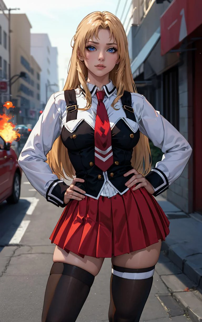 ((masterpiece, best quality)), insaneres, absurdres, solo, outdoors,
CLOTHING_BibleBlack_SchoolDress_ownwaifu,
1girl, blonde hair, long hair, blue eyes,
black vest, red skirt, white shirt, collared shirt, suspenders, school uniform, black thighhighs, zettai ryouiki, necktie, long sleeves, pleated skirt, red necktie,
(contrapposto, hand on hip)<lora:CLOTHING_BibleBlack_SchoolDress_ownwaifu:1>,
lens flare, depth of field, bokeh, embers, vanishing point, looking at viewer,