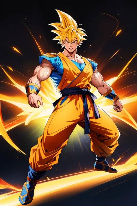 son_goku, super_saiyan, yellow_hair, yellow_eyes, aura, fighting stance, (masterpiece),shouting,high contrast, pastel colors, watercolor \(medium\), (illustration:1.2), 1 man,full body, (muscular:1.3),(Budo uniform:1.2), solo, (detailed background:1.4), hyper detailed, highly detailed, beautiful, small details, ultra detailed, best quality, intricate, sharp, digital illustration, detailed, intricate, 4k, 8k, good anatomy, beautiful lighting, award-winning, highres, (extremely detailed CG, unity, 8k wallpaper:1.1), highly detailed face, zoomout, colorful, vibrant colors
