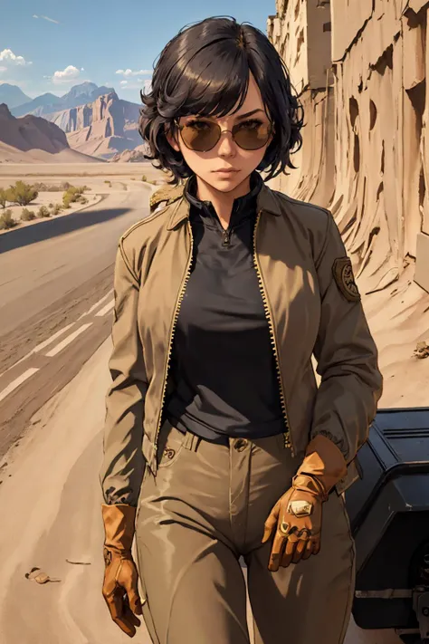 masterpiece,best quality,1girl, <lora:TalianaM1:0.7> ,Taliana,jacket,shirt,pants,gloves,sunglasses,outdoors,in desert,beside road,straight on, <lora:skin_tone_slider_v1:1.8>, <lora:LORA-XenoDetailer-v2:0.1>