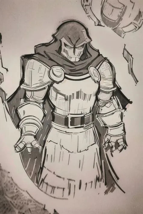 (masterpiece),
Dr doom seating on a throne,
black hair, short hair, floating hair,
looking at viewer,
crossed arms, proud mood,
(Pencil_Sketch:1.2, messy lines, greyscale, traditional media, sketch), unfinished, hatching (texture), mask, hood, cape, belt, armor, cloak, gauntlets