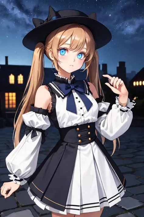 masterpiece, best quality,  <lora:ysdoll-nvwls-v1-000010:0.9> ysdoll, doll joints, twintails, brown hat, bow, white dress, detached sleeves, vambraces, blue eyes, (glowing eyes:1.3), pleated skirt, looking at viewer, night, cobblestones, night sky