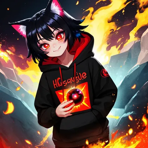(absurdres, highres:1.3), solo, explicit, pop surrealism, (mystical:1.1), Behance,(cuteness overload:1.5) beautiful detailed glow, {beautiful detailed face}, {ultra detailed eyes}, extremely detailed, ((cute, innocent)) cat girl, ear fluff, made of glittering blue fire, fire streaks, floating flaming hearts, glowing eyes, (black hair, red highlights, red eyeliner, fang, smiling,) glitter, black and red hoodie, stylized starburst, glowing light, red eyes, holding cat bell, raytraced light, 4k, 8k, flcl style