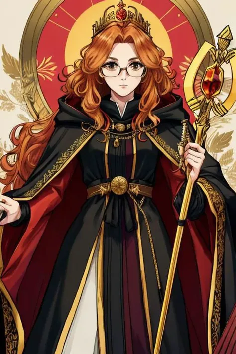 safe_pos, (Masterpiece, best quality, high resolution), 1girl, attractive woman, queen, archer, holding a sceptre, baggy cloak, hooded cloak, cloak with gold trim, elaborate hair, curly hair, portrait, tiara, thick brimmed glasses, warm colors,