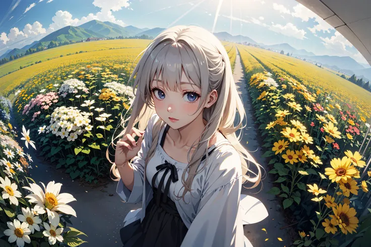 (masterpiece, best quality:1.2), from above, 1woman in a flower field, looking at viewer, (rim light:1.2), pastel colors, (anime:1.3), depth of field, fisheye lens,