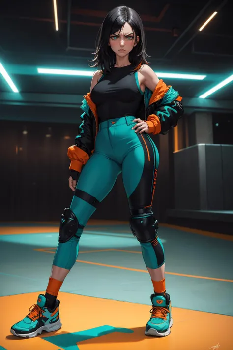 masterpiece,best quality,1girl,medium hair,black hair,teal jacket,orange pants,elbow pads,knee pads,sneakers,in nightclub,standing,scowling, <lora:LORA-XenoDetailer-v2:0.1>