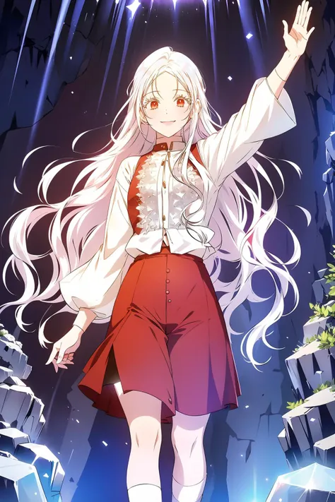 1girl, solo, red eyes, long hair, white hair, smile, parted bangs, (Oxfords, Sheer Socks, Culottes, Button-down Shirt), (Standing with arms raised to the sides palms up), (Crystal-filled cavern with shimmering geodes and luminescent creatures.), <lora:Fiona-002-000011:0.8>