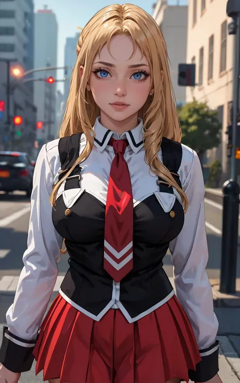 ((masterpiece, best quality)), insaneres, absurdres, solo, outdoors,
CLOTHING_BibleBlack_SchoolDress_ownwaifu,
1girl, blonde hair, long hair, blue eyes,
black vest, red skirt, white shirt, collared shirt, suspenders, school uniform, black thighhighs, zettai ryouiki, necktie, long sleeves, pleated skirt, red necktie,
(portrait, close-up)<lora:CLOTHING_BibleBlack_SchoolDress_ownwaifu:0.8>,
lens flare, depth of field, bokeh, embers, vanishing point, looking at viewer,