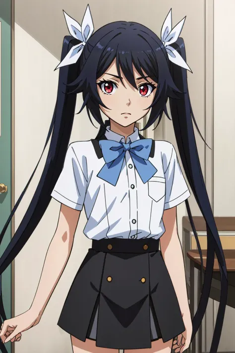 (masterpiece, best quality), intricate details,
1girl, <lora:tsube_aika_ver1.0_2:0.8> tsube_aika, long hair, black hair, red eyes, flat chest, twintails, school uniform, white shirt, miniskirt, black skirt, short sleeves, high waist skirt, light blue bow,
