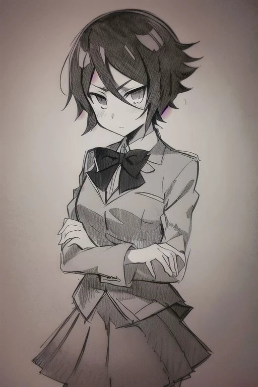 (masterpiece),
kuchikirukia,
bowtie, grey blazer, grey skirt,
upper body,
black hair, short hair, floating hair,
looking at viewer,
crossed arms, proud mood,
(Pencil_Sketch:1.2, messy lines, greyscale, traditional media, sketch), unfinished, hatching (texture),