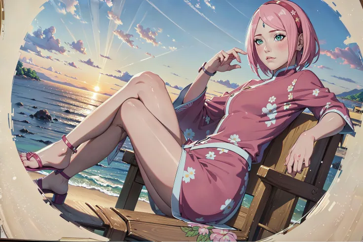 (masterpiece:1.2),(best quality:1.2),(extremely detailed:1.2),(photorealistic:1.1),(extremely detailed face),(ultra detailed),Portrait,masterpiece,busty Dreamweaver (haruno sakura:1.3),Golden ratio,wearing floral sundress,cropped cardigan,and wedge sandals with Intecrate trimmings,Sitting with crossed legs,Smartwatch and Tattoos,at Sunrise,Wide view,Overdetailed art,Royalcore,Starlight,sharp,focussed,Iphone X,80mm,Kodak Ektar,hearthstone artwork,<lora:Sakura[Boruto]V2:0.7>,barefoot,toes,