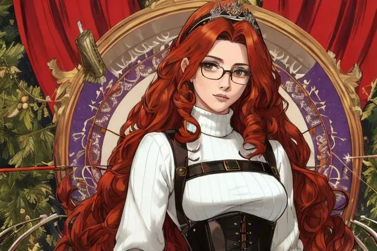 safe_pos, (Masterpiece, best quality, high resolution), 1girl, attractive woman, 30 year old woman, small breasts, queen, white turtleneck sweater, gloves, decorated corset harness, decorated tight cotton pants, elaborate hair, curly hair, portrait, tiara, thick brimmed glasses, warm colors, practicing archery