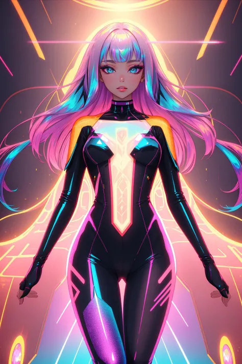 holographic, detailed, <lora:Holographic-V1-000020:1>, Petite woman, her every feature bathed in the ethereal glow of a holo color scheme, captivating and mesmerizing, bodycon dress adorned with shimmering, shifting, and iridescent hues, reflecting light in a dazzling display, Holographic gems delicately reflecting a rainbow of colors, slender choker adding a touch of elegance, Sleek waves of hair, shimmering with lustrous hues matching the holo color scheme, holographic makeup adorning her eyes and lips, holo-infused ambiance, floating orbs illuminating the space in iridescent glory, magnetic presence exuding grace, confidence, and a unique allure that captures all attention.