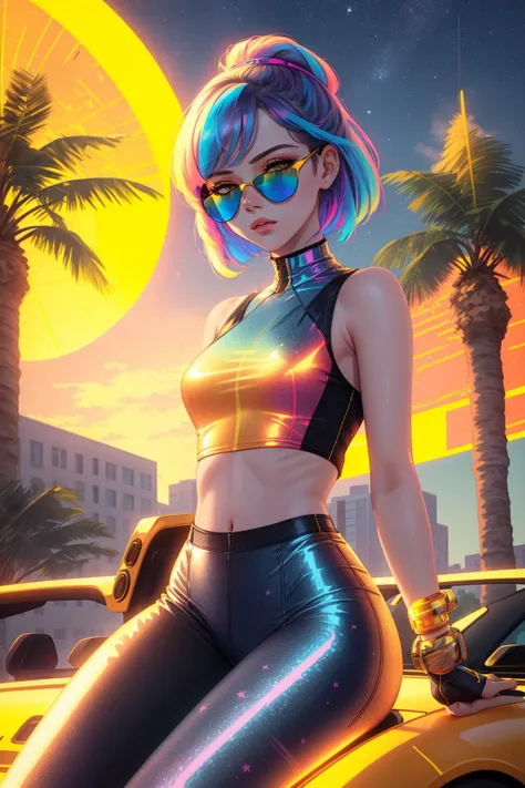 holographic, detailed, <lora:Holographic-V1-000020:1>, from_above, crop top, detailed face, yellow bodycon tank top, hair, park, sky, trees, pale skin, moonlight, stars, 1girl, statement sunglasses, woman,petite, vivid colors, bokeh background, subject for emphasis,dramatic colors,